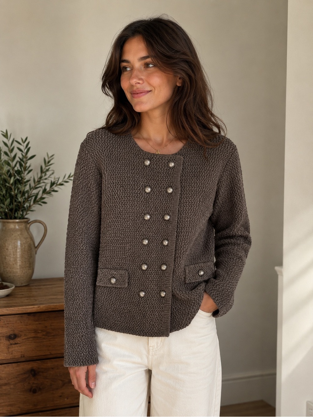Milan Kiss Wool Blend Double Breasted Textured Knit Cardigan Taupe M